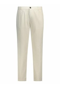 Beige corduroy broek met knoopsluiting, riemlussen en een recht gesneden pasvorm, weergegeven tegen een witte achtergrond.
