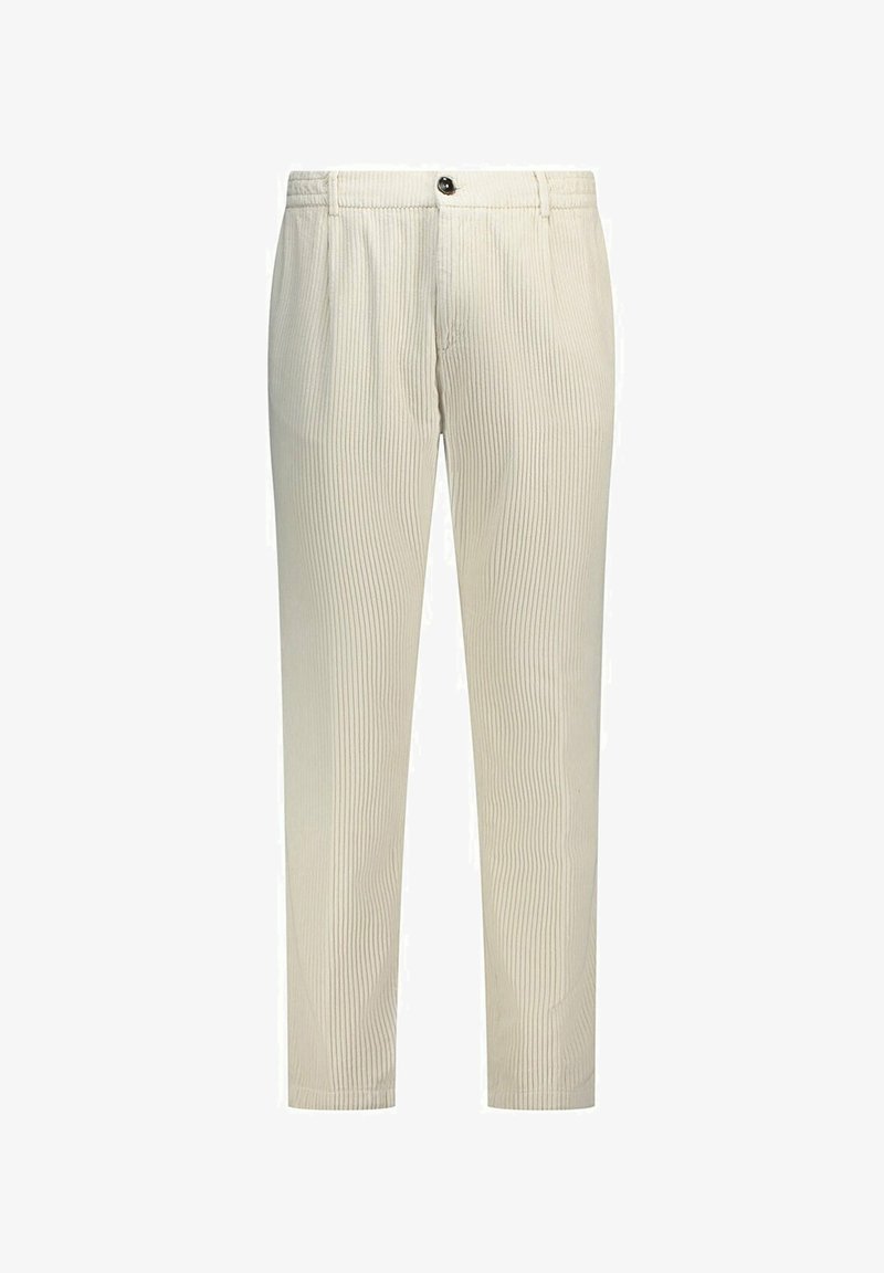Beige corduroy broek met knoopsluiting, riemlussen en een recht gesneden pasvorm, weergegeven tegen een witte achtergrond.
