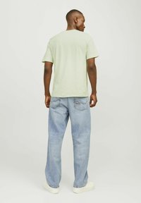 Gaiši zaļš īsās piedurknes T-krekls, brīva piegriezuma. Apvienots ar brīviem gaiši ziliem džinsiem. Modelis vērsts prom, demonstrējot vienkāršu šuvumu un auduma tekstūru.