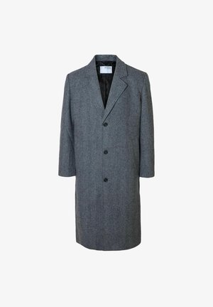 Pilkos žakardo vilnos paltas su pritaikytu dizainu, išpjautomis apykaklėmis, trimis mygtukais ir lygiu juodu pamušalu. Iki vidurio šlaunies ilgio.