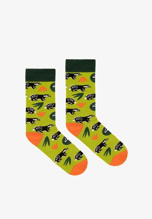 Zielone skarpetki w wzory z czarnymi ilustracjami borsuków, pomarańczowe akcenty na palcach i pięcie oraz zielone i czerwone wzory liści.