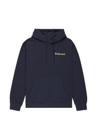 Felpa blu navy in cotone misto, con tasca anteriore, cordini e un piccolo logo verde "element" sul lato sinistro del petto.