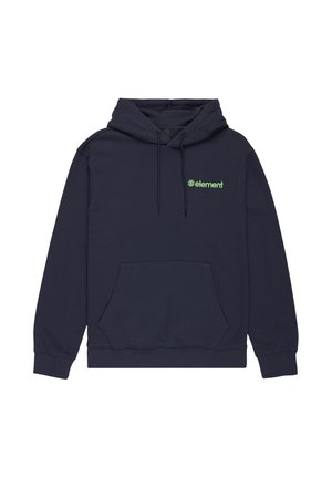 Granatowy hoodie wykonany z mieszanki bawełny, z frontową kieszenią, sznurkami do regulacji oraz małym zielonym logiem "element" na lewej piersi.