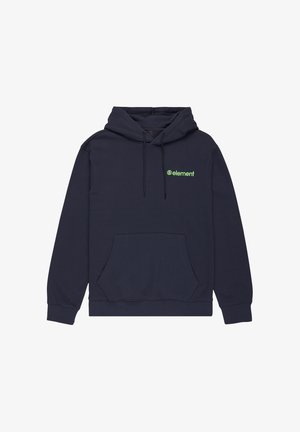Granatowy hoodie wykonany z mieszanki bawełny, z frontową kieszenią, sznurkami do regulacji oraz małym zielonym logiem "element" na lewej piersi.