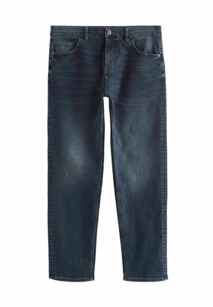 Mörka denimjeans med rak passform, som har fem fickor, dragkedja och knäppning. Slitna detaljer ger en subtil textur.