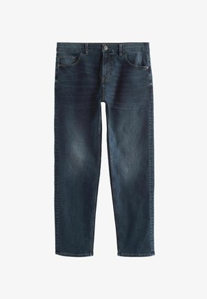 Tmavě modré denimové džíny s rovný cut, které mají pět kapes, zipový klouz a knoflíkové zapínání. Ošoupané detaily přidávají jemnou strukturu.