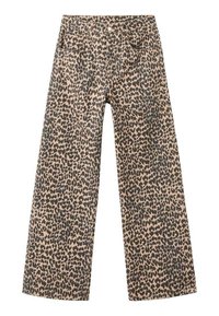 Pantalon à jambes larges imprimé léopard dans un motif beige et noir, avec une taille haute, des poches avant et une fermeture par bouton. Tissu en coton.