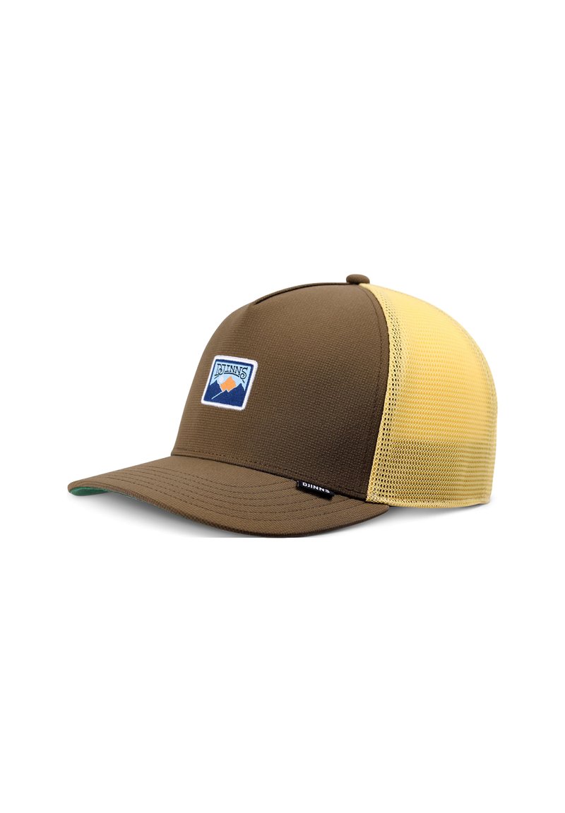 Brown front panel cap with yellow mesh back, curved brim, and rectangular logo patch showing mountains and sun on the front.