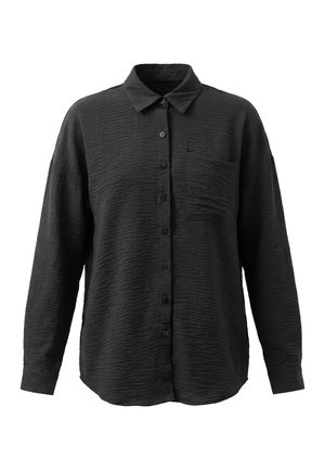 Fekete, hosszú ujjú, gombolós ing texturált anyagból, hegyes gallérral, bal oldali mellzsebbel és gombos mandzsettával.