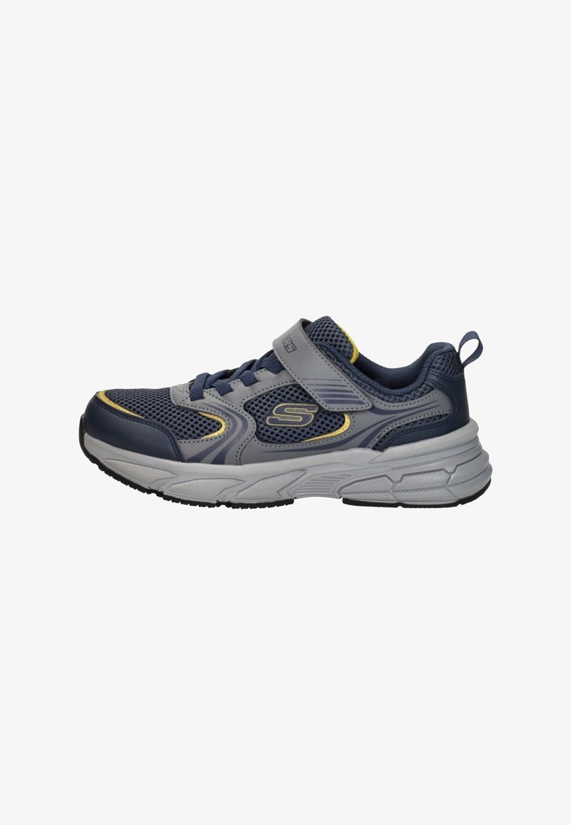 Navy blue and gray athletic shoe featuring a mesh upper, a Velcro strap, padded collar, and a textured rubber sole. Yellow accent details.