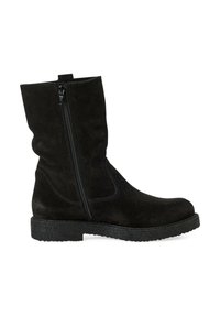 Botte mi-mollet en daim noir avec fermeture éclair latérale, bout arrondi, semelle plate texturée et détails de couture discrets.