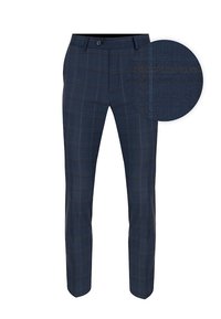 Niebieskie spodnie w kratę wykonane z tkaniny wtkanej, o dopasowanym kroju z płaskim przodem, z pojedynczym zapięciem na guzik i szlufkami na pasek. Pokazany detal teksturowy.