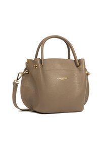 Sac à main en cuir texturé taupe avec quincaillerie dorée, poignées doubles, une bandoulière amovible et le logo "Lancaster Paris" à l'avant.