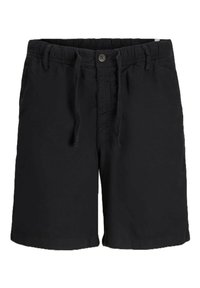 Pantalones cortos negros hechos de una tela ligera, con una cintura elástica con cordón y un cierre de botón en la parte frontal. Diseño sencillo.