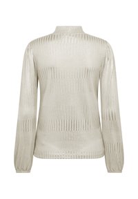 Licht zilverkleurig, lang mouwtop met een hoge hals. Geribbelde textuur met afwisselend matte en glanzende strepen. Strak aansluitend op de taille.