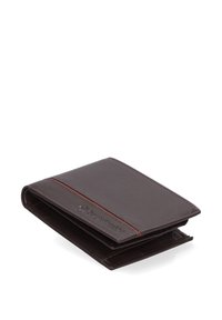 Portefeuille en cuir marron au design élégant, avec une bande rouge contrastante et plusieurs emplacements pour cartes, surface texturée et forme compacte.