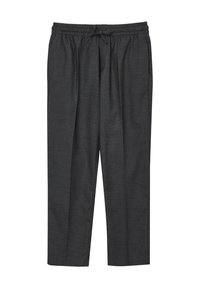 Pantalons légers gris foncé avec une taille élastique et un cordon de serrage, présentant une coupe fuselée et une texture lisse.