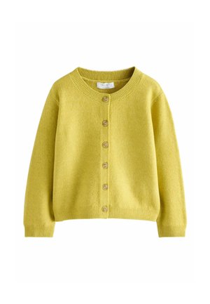 Yellow button-up cardigan with long sleeves and ribbed cuffs, hem, and neckline, displayed on a white background.