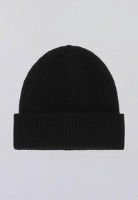 Černá pletená čepice s žebrovanou texturou a ohrnutým lemem. Jednoduchý, bezešvý design. Vhodná pro různé povětrnostní podmínky.