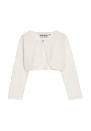 Weißes kurzes Strickjacke mit langen Ärmeln, weicher Textur, rundem Ausschnitt und dekorativem Knopfverschluss vorne.