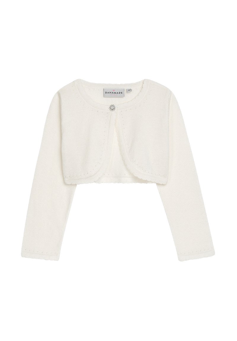 Weißes kurzes Strickjacke mit langen Ärmeln, weicher Textur, rundem Ausschnitt und dekorativem Knopfverschluss vorne.