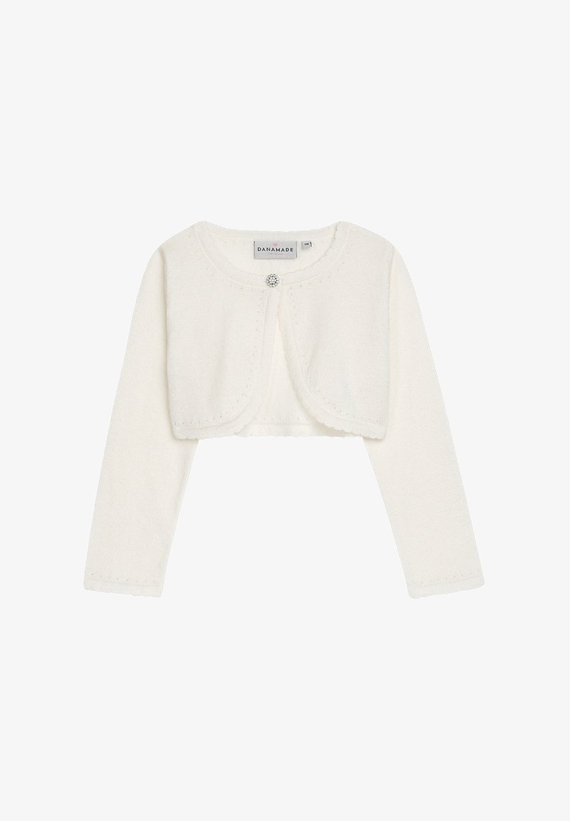 Weißes kurzes Strickjacke mit langen Ärmeln, weicher Textur, rundem Ausschnitt und dekorativem Knopfverschluss vorne.