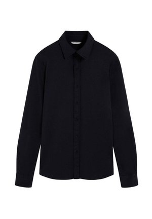 Schwarzes Langarmshirt aus glattem Stoff mit spitzem Kragen, vorderem Knopfverschluss und geknöpften Manschetten. Einfaches, klassisches Design.