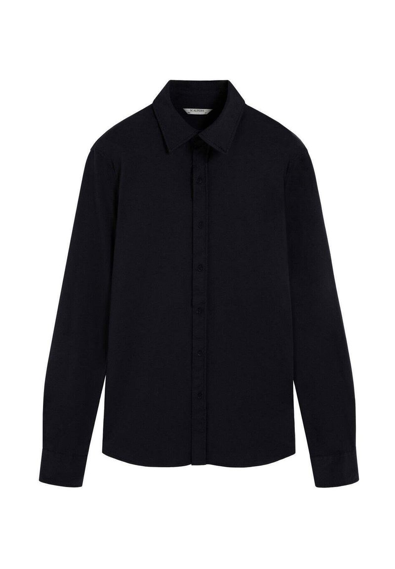 Camisa negra de manga larga hecha de un tejido suave, con cuello puntiagudo, cierre frontal de botones y puños abotonados. Diseño simple y clásico.