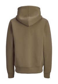 Hoodie en coton marron avec une capuche spacieuse, des manches longues et un ourlet et des poignets en maille. Texture lisse sans motifs ni détails visibles.