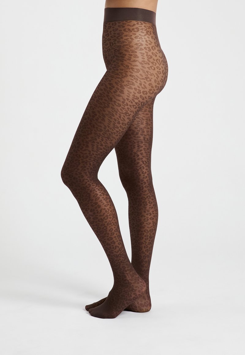 Collant marroni a fantasia con design leopardato, semi-trasparenti con una texture liscia e una vita ampia.