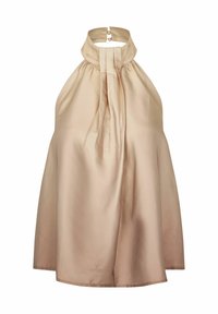 Top halter in satin beige con colletto strutturato, design frontale plissettato e silhouette ampia e fluida. Presenta una chiusura posteriore con bottoni.
