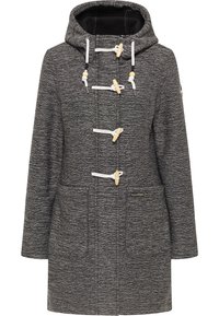 Grå huva kappa med knäppningar, tillverkad av texturerad tyg. Har två framfickor och en märkesetikett på sidan.