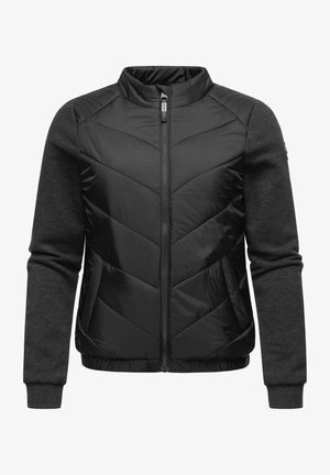 Černá bunda s prošívanou nylonovou přední částí a pletenými rukávy, s límcem a předním zipem. Design má vzor v tvaru šípu na nylonu.