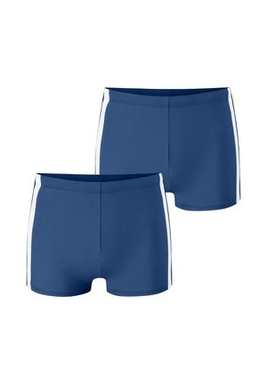 Dos pares de pantalones cortos de baño azules con rayas verticales blancas en los costados, mostrados sobre un fondo blanco.