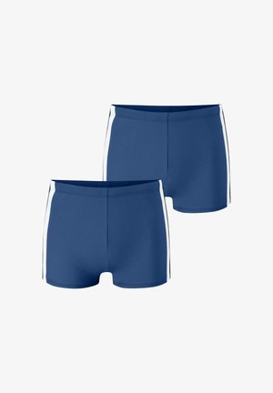 Kaksi paria sinisiä uima-shortseja, joissa valkoiset pystysuorat raidat sivuilla, esillä valkoisella taustalla.