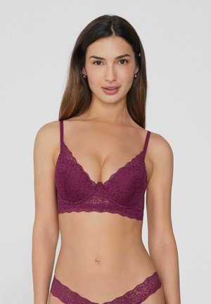 Spitzen-Bralette in tiefem Burgunderrot, mit V-Ausschnitt, verstellbaren Trägern und geschwungenen Kanten, einschließlich passendem Spitzen-Tanga.