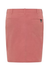 Jupe mini en coton rose avec poches arrière et une coupe slim. Elle présente une taille et des détails de couture subtils.