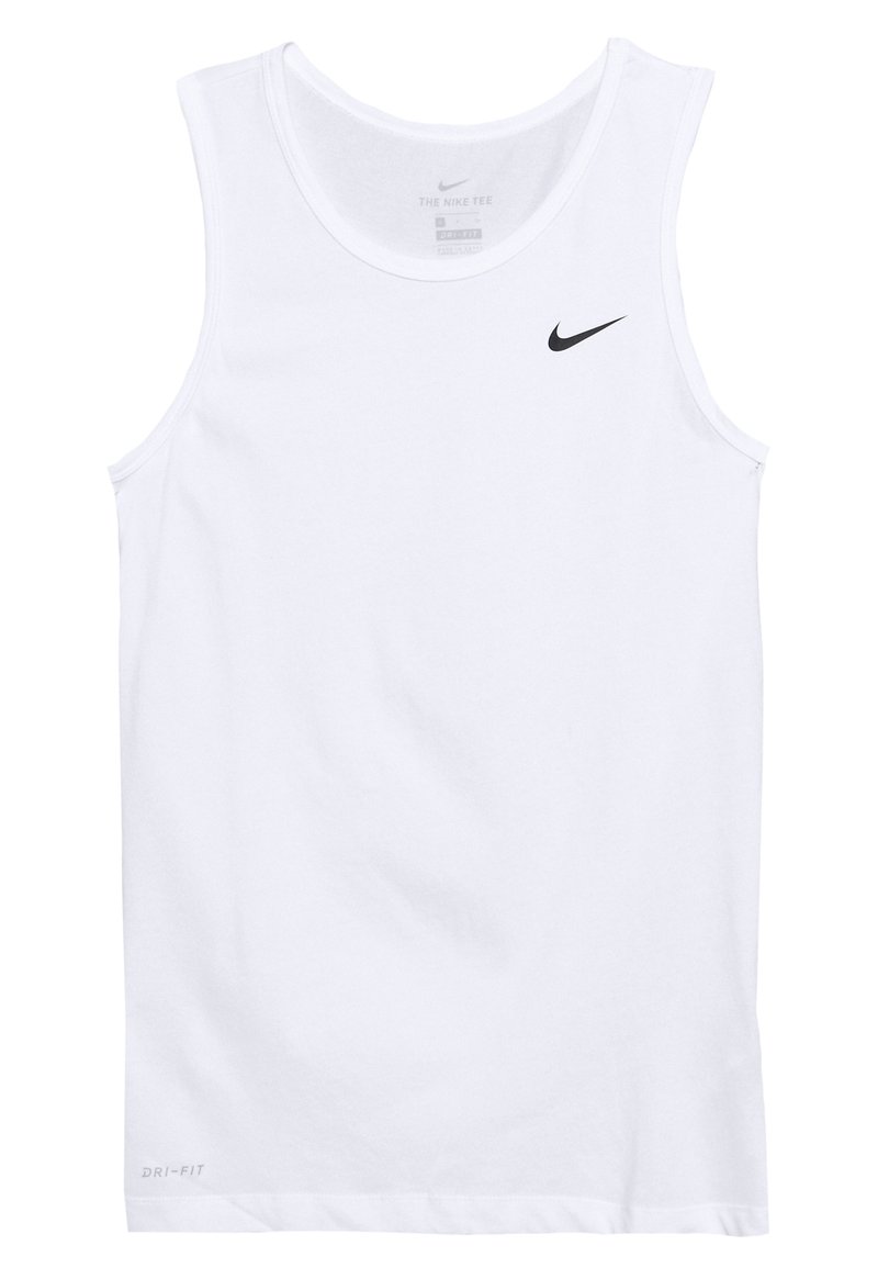 Vit Nike Dri-FIT linne med en svart swoosh-logotyp på bröstet, ärmlös design, slät textur och rund halsringning.