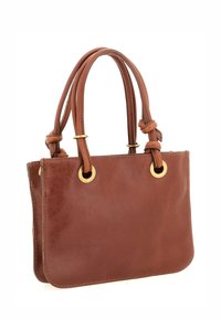 Borsa a mano in pelle marrone con una texture liscia, doppi manici e dettagli in metallo dorato. Presenta un design rettangolare semplice.