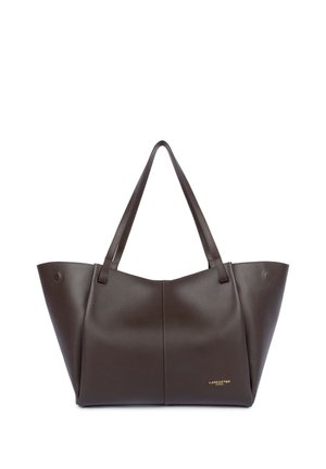 Borsa a mano in pelle marrone scuro con manici lunghi e logo Lancaster Paris dorato nella parte inferiore destra.