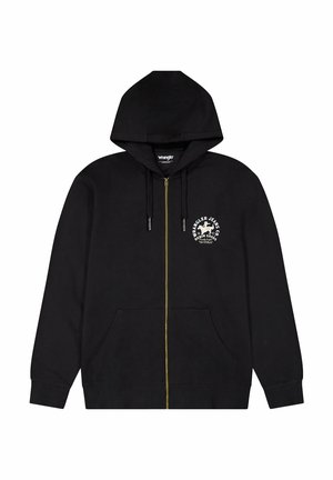 Sudadera con cremallera negra hecha de algodón, cuenta con un bolsillo delantero, cremallera dorada y un logo gráfico blanco en el área del pecho izquierdo.