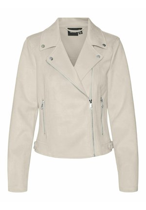 Bēšas mākslīgās zamšādas motokrosa jaka ar sudraba rāvējslēdzējiem, epauletiem un plata apkakle. Tajā ir divi priekšējie kabatas ar rāvējslēdzēju un pieguļošs dizains.