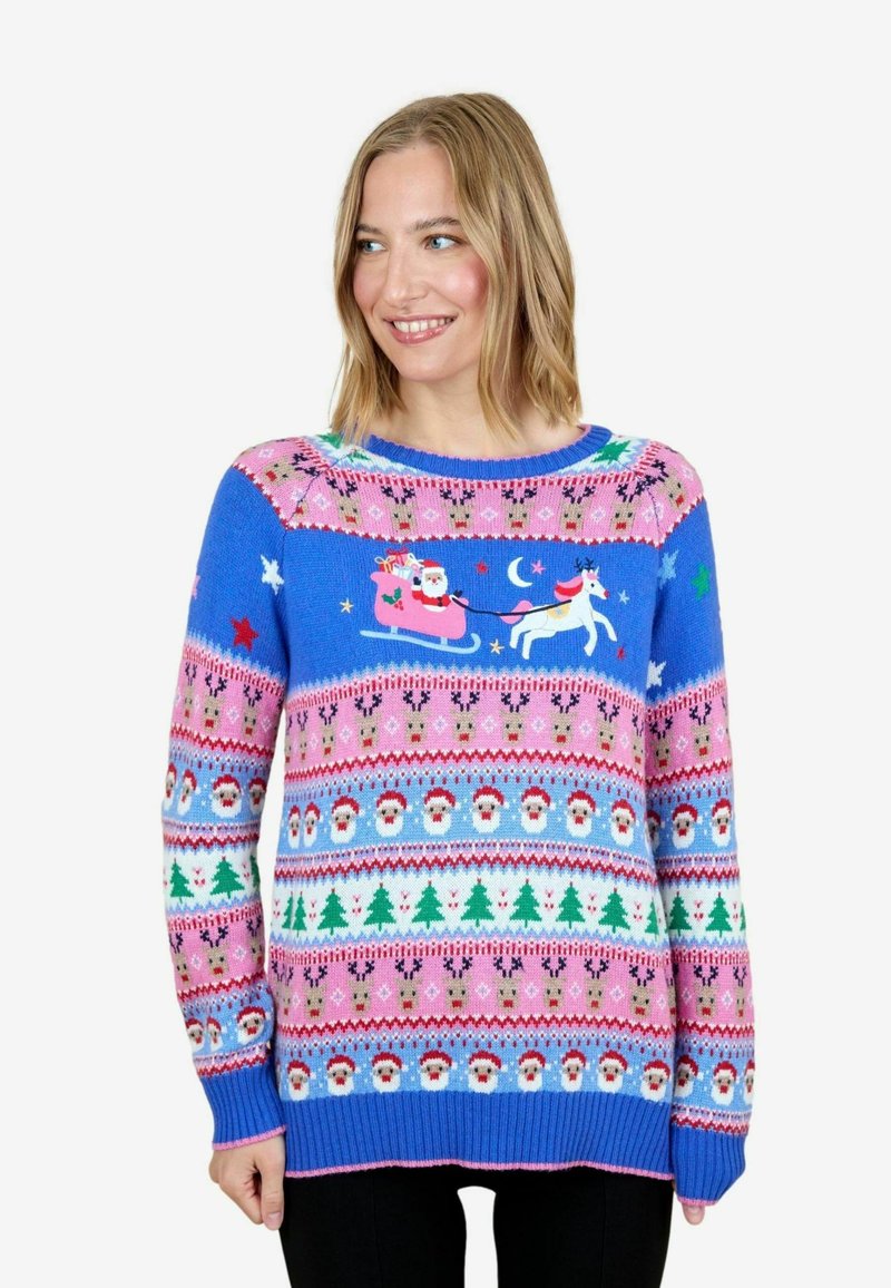 Strick-Weih sweater mit blauem Grund, langen Ärmeln und bunten festlichen Mustern, darunter Santa, Einhörner und Bäume.