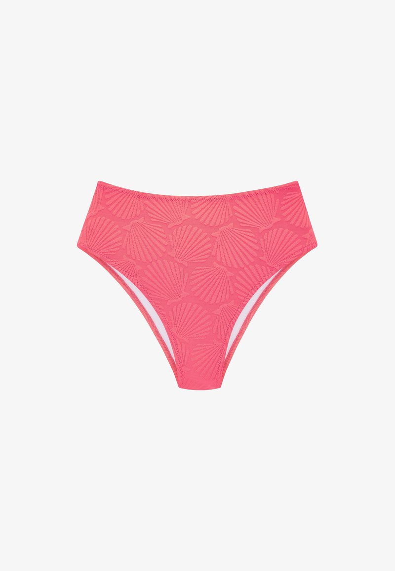 Bikinihose mit hohem Bund in leuchtendem Pink, mit strukturiertem Muschelmuster und glattem weißem Futter, für einen bequemen Sitz entworfen.