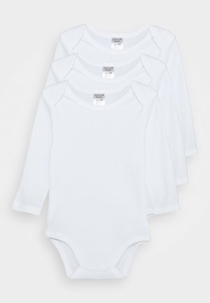 Tre body a manica lunga bianchi per neonati realizzati in morbido cotone. Presentano un collo rotondo e chiusure a scatto sul fondo per un facile cambio.