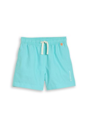 Shorts de bain bleu clair avec taille élastique et cordon blanc, comportant un petit logo orange et le texte blanc "Tom Tailor" sur la jambe droite.