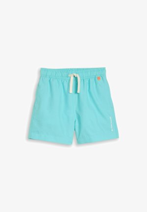 Hellblaue Badeshorts mit elastischem Bund und weißem Kordelzug, mit kleinem orangefarbenem Logo und weißem "Tom Tailor" Schriftzug am rechten Bein.