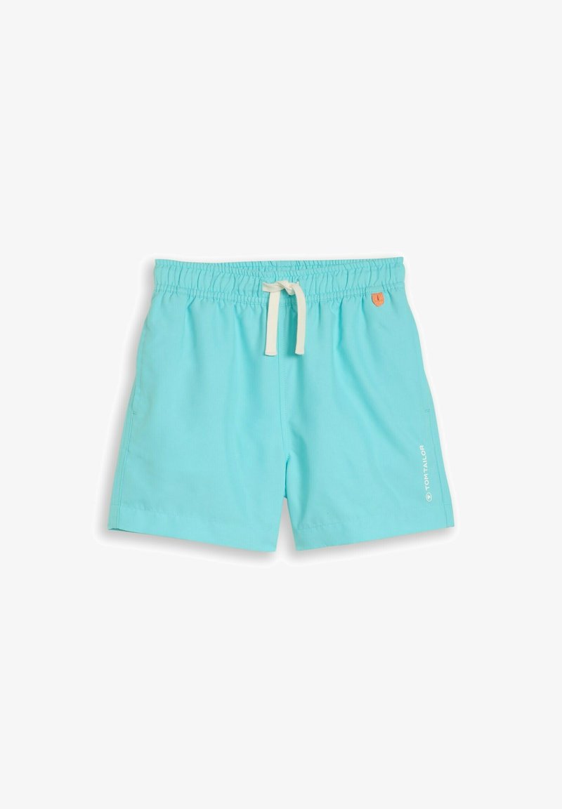 Jasnoniebieskie kąpielówki z elastycznym pasem i białym sznurkiem, z małym pomarańczowym logo oraz białym napisem "Tom Tailor" na prawej nogawce.