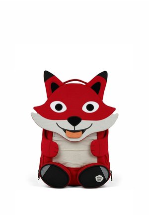 Red children's backpack designed as a smiling fox with large eyes, black-tipped ears, and small paws on the front.