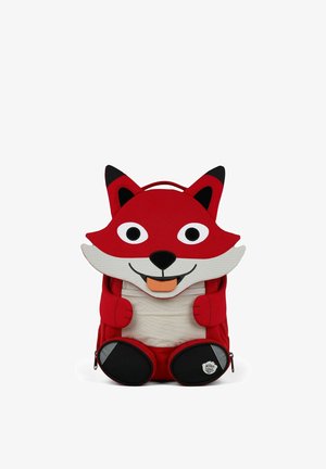 Red children's backpack designed as a smiling fox with large eyes, black-tipped ears, and small paws on the front.